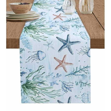 

Table Runner Summer Ocean Starfish Jellyfish Seaweed Blue Marine Life Table Runners Dresser Scarves Holiday Kitchen Dining Table Decoration for Home Party Indoor 13x70 Inch
