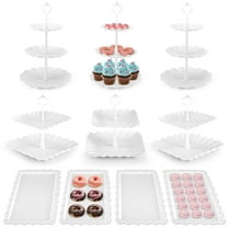 TINANA 10 PCS Plastic Cake and Cupcake Stand Set, 3 Two-Tier Stands, 3 Three-Tier Stands, 4 Appetizer Trays, for Birthday, Bridal, and Baby Shower Parties, White