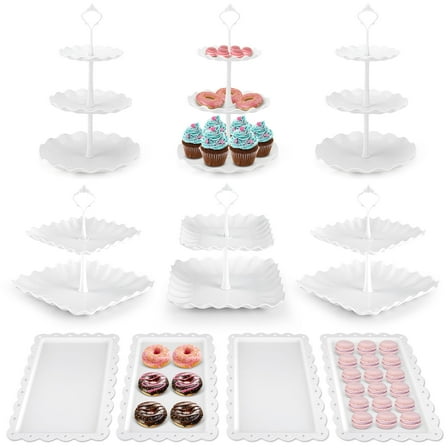 TINANA 10 PCS Plastic Cake and Cupcake Stand Set, 3 Two-Tier Stands, 3 Three-Tier Stands, 4 Appetizer Trays, for Birthday, Bridal, and Baby Shower Parties, White
