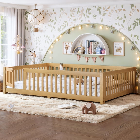 Queen Size Montessori Bed Frame with Fence and Door, Floor Toddler Bed with Support Slats for Girls Boys