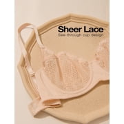 Wingslove Women's Sexy Lace Bra Mesh Balconette See Through Bralette Half Cup Sheer Bras Unlined Underwire Suppport (Nude,32D)