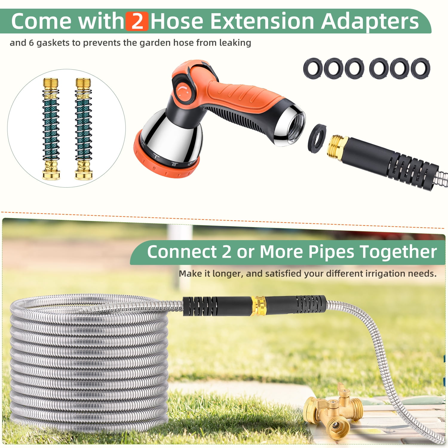 100ft Garden Hose, 304 Stainless Steel Metal Water Hose with 10-Mode Nozzle Sprayer & 6 Extra Rubber Washers, Durable Outdoor Hose for Lawn Watering, Yard, Patio