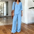 thumbnail image 4 of BRELIL Women Plus Size Summer V Neck Blouse Wide Leg Pants Two Piece Sets Casual Solid Boho Beach Vacation Travel Outfits Loungewear, Blue M, 4 of 7
