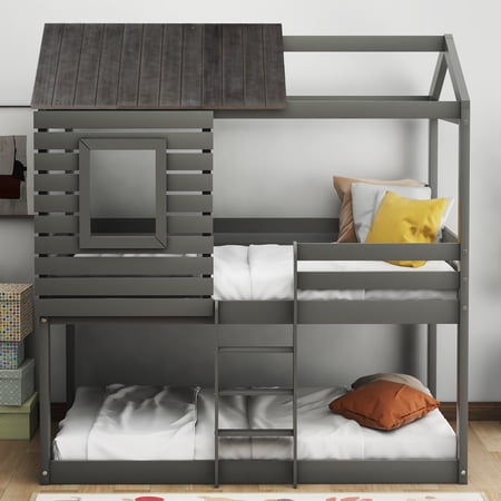 CoSoTower Twin Over Twin Bunk Bed Wood Loft Bed With Roof, Window, Guardrail, Ladder, Gray