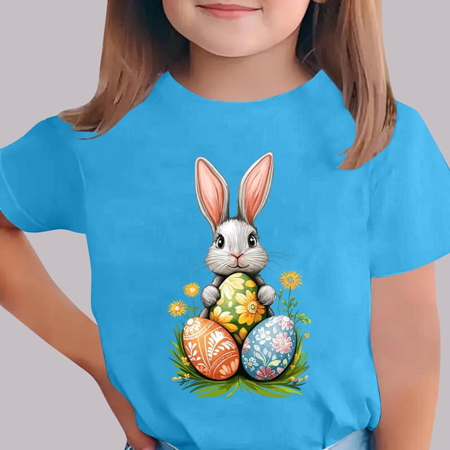 Blusas y camisas de manga corta con cuello redondo Camiseta estampada de manga corta de Pascua para niños Cuello redondo Manga corta Casual Versátil Para niñas Niños Top de poliéster