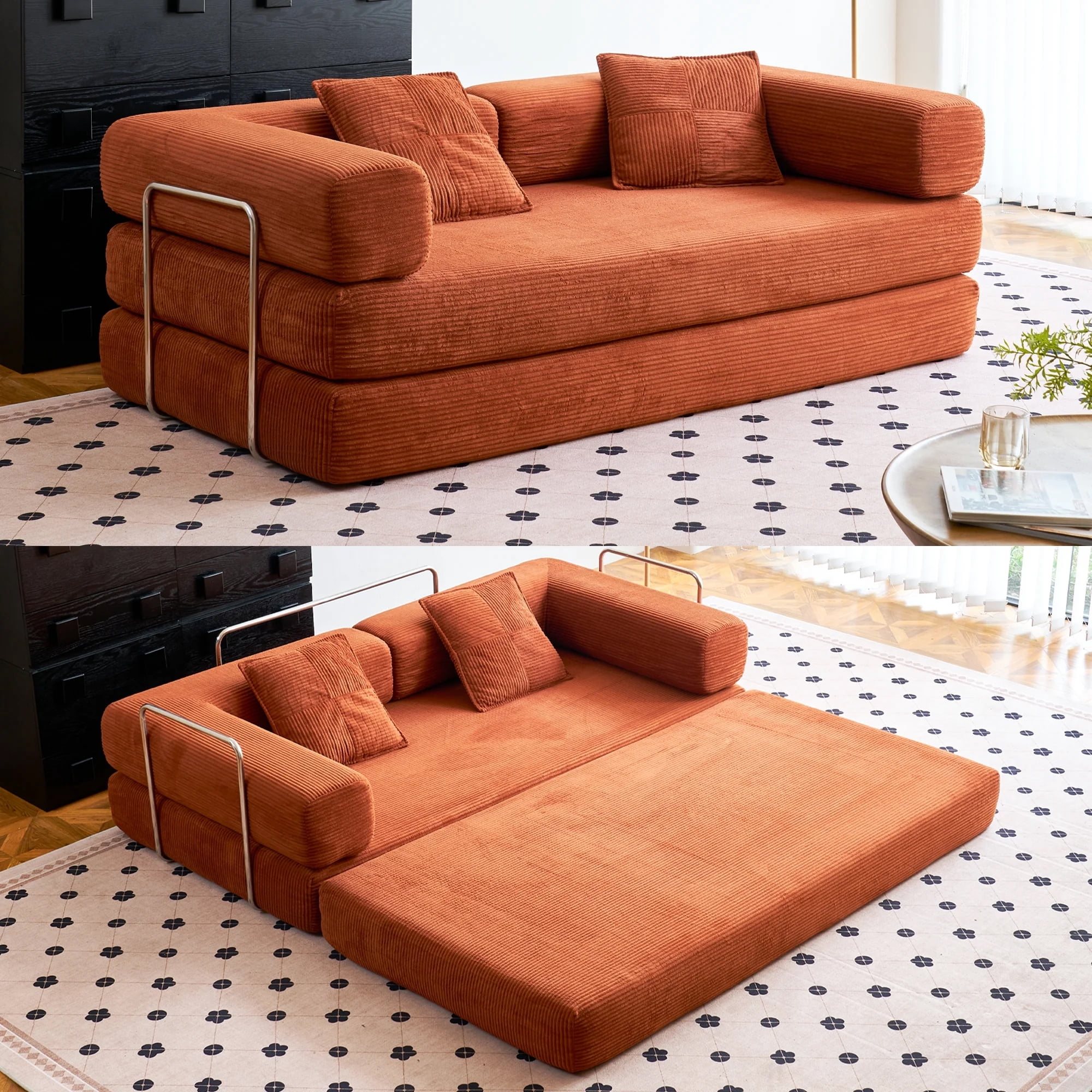 YINIX 62.9" Sleeper Sofa with Two Pillows, Comfy Modular Convertable Sofa Couch for Living Room, Small Spaces, Orange