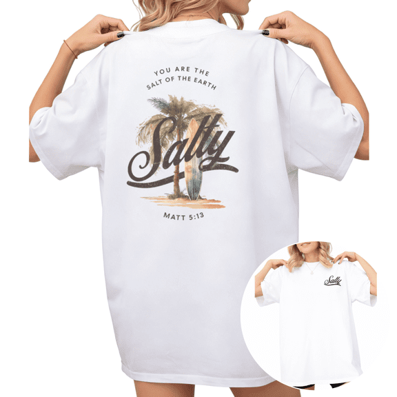 Women's "Salty Salt of the Earth" Surfing Beach Graphic T Shirt Vintage Coastal Christian Short Sleeve Round Neck Top White S-5XL