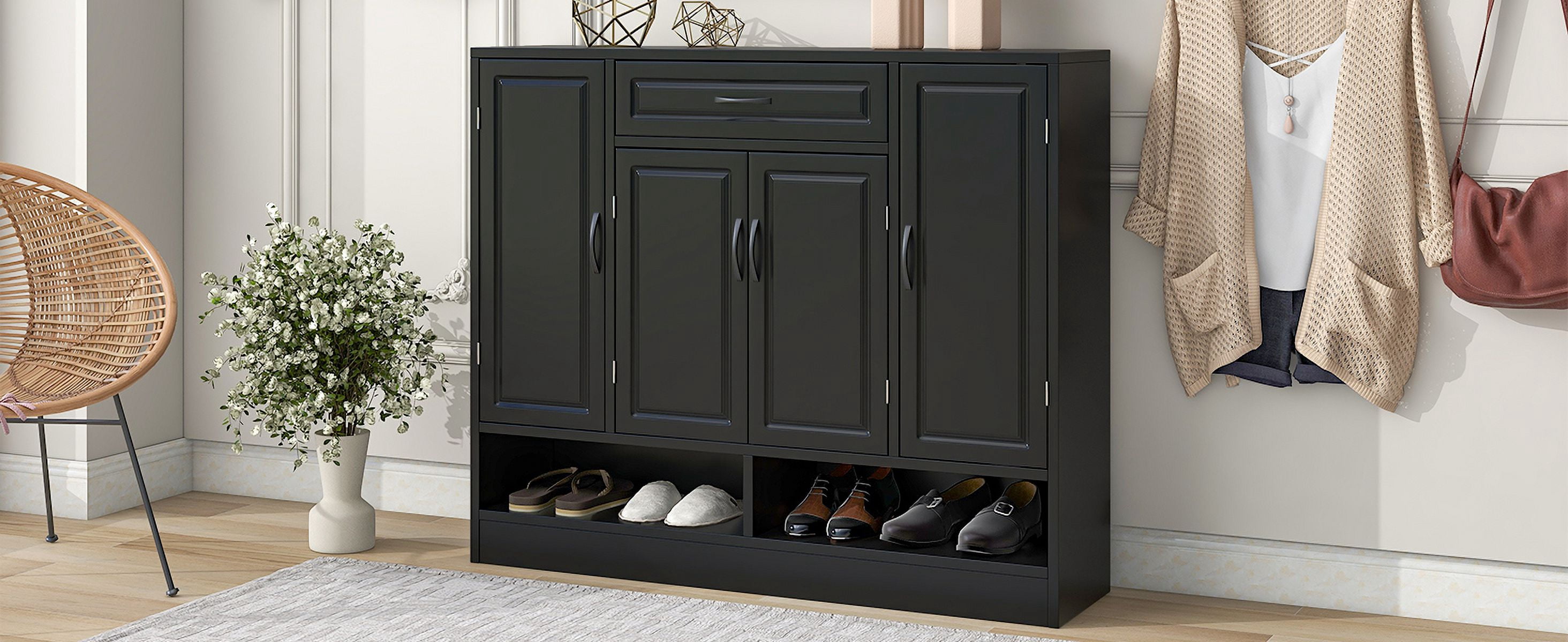 MAYEERTY Sleek and Modern Shoe Cabinet with Adjustable Shelves, Minimalist Shoe Storage Organizer with Sturdy Top Surface, Space-saving Design Side Board for Various Sizes of Items, Black