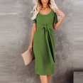 thumbnail image 2 of Women's Trendy Dress Basic Crewneck T Shirt Dress Casual Belted Office Dress Solid Color Short Sleeve Party Slim Dress, 2 of 5