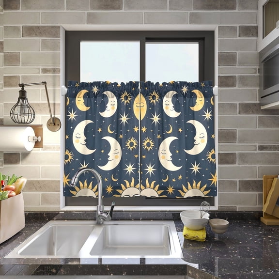 Sun and Moon and Star Kitchen Curtains Half Tier Curtain 2 Rod Pockets Bathroom Bedroom Cupborad Living Room 27"x24"