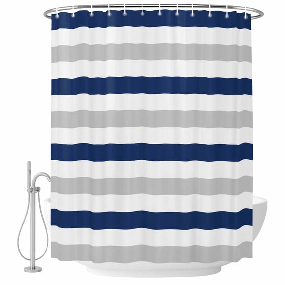 Navy Blue Grey Fabric Shower Curtain Farmhouse Striped Washable Shower Curtains for Bathroom, Waterproof Bath Curtain with Hooks Home Decor 72x72in