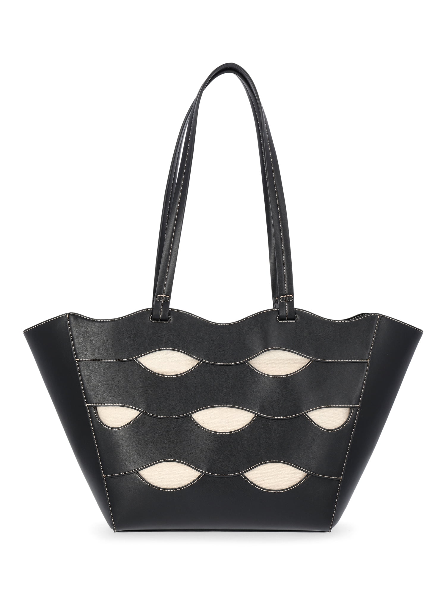 Free Assembly Women's Allegra Faux Leather Cut Out Tote Handbag, Black/Cream