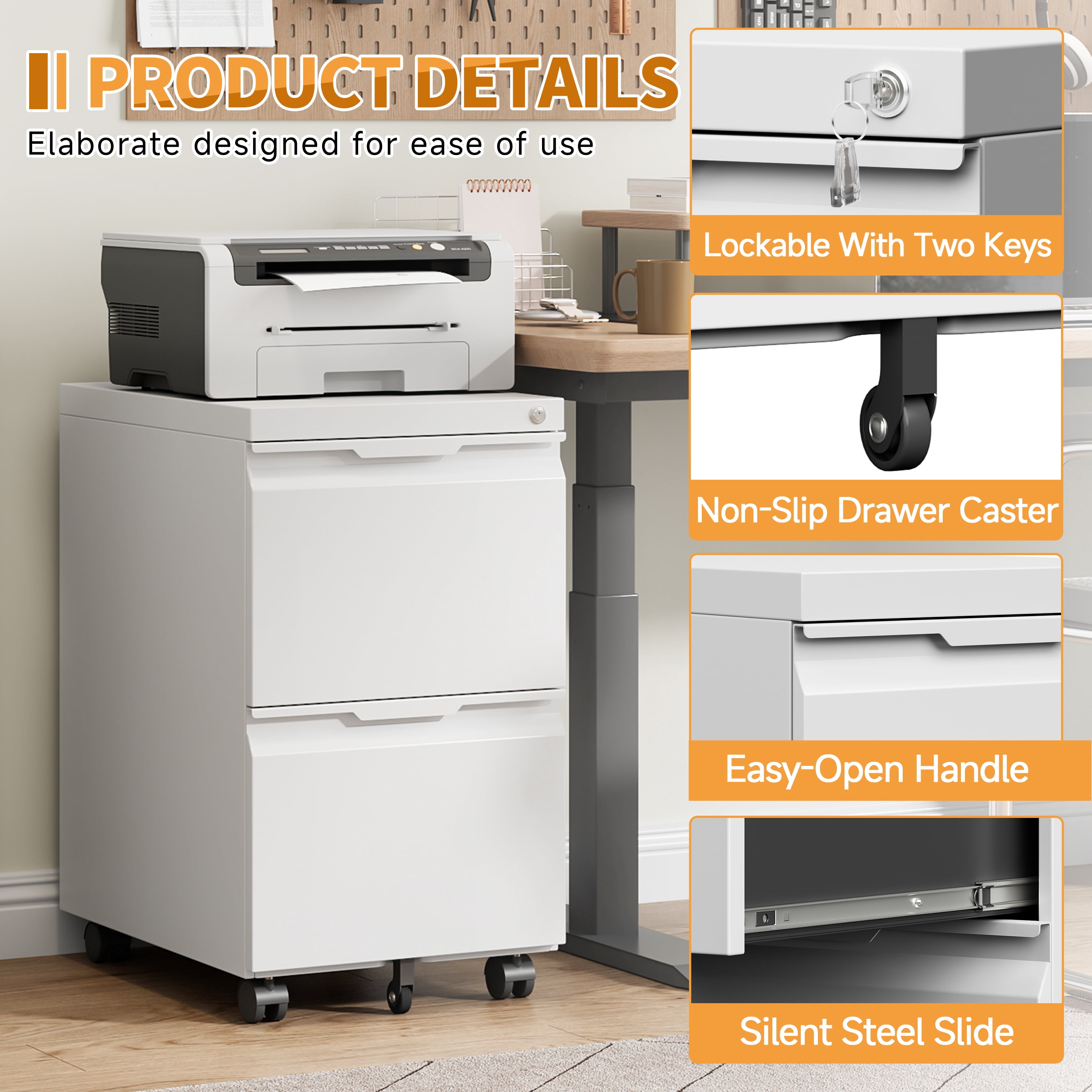 2 Drawer File Cabinet with Lock, Small Metal Filing Cabinets for Home Office, Rolling File Cabinet for Folders, Under Desk Cabinet on Wheels for Legal/Letter/A4 Files, Assembly Required (White)
