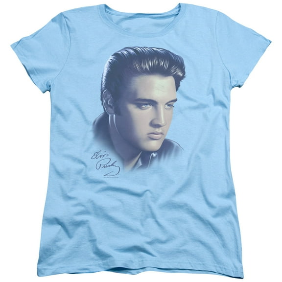 Trevco ELV283-WT-1 Elvis Presley & Big Portrait Womens Short Sleeve T-Shirt, Light Blue - Small