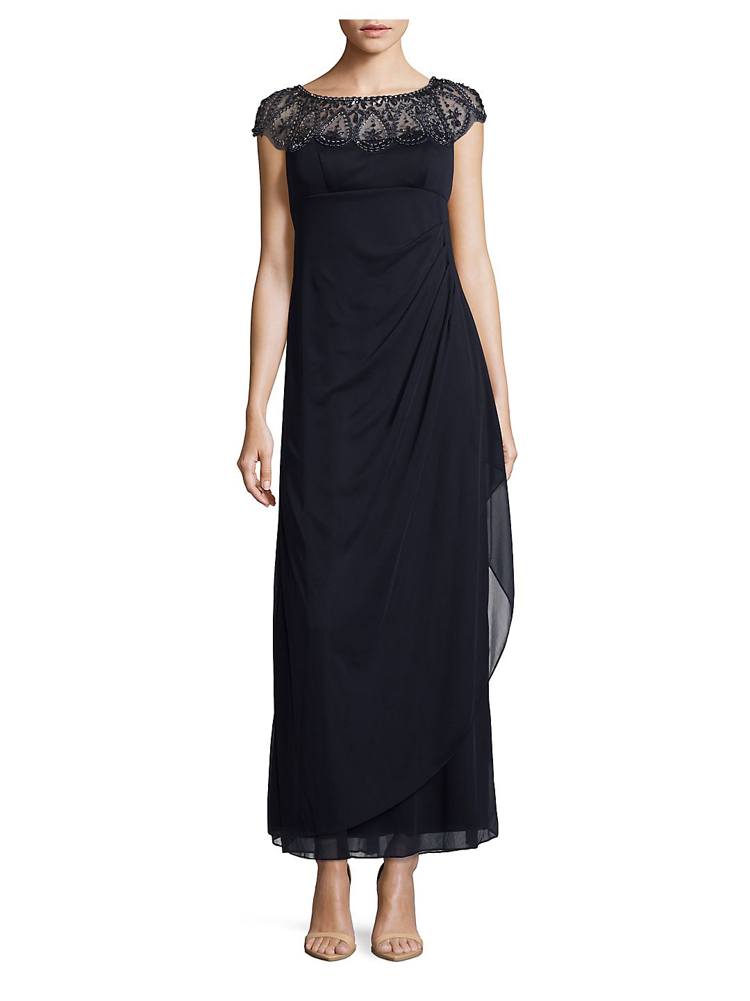 xscape embellished mock wrap gown