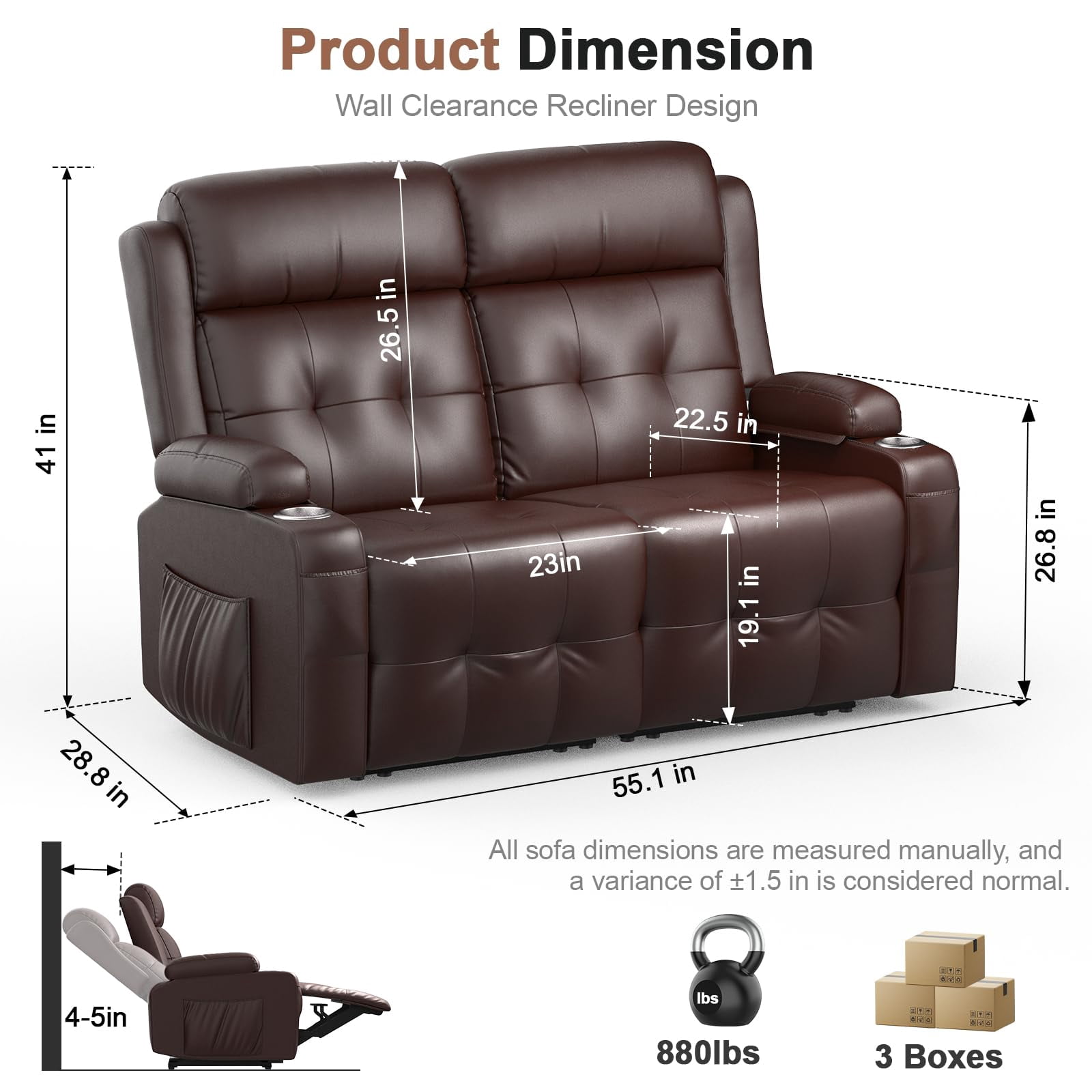 LOBERFVE Reclining Loveseat, Oversized Massage Recliner Sofa Heavy Weight Capacity, RV Love Seat Chair Clearance with Storage, Cup Holders, Wall Hugger Couches for Living Room, Brown