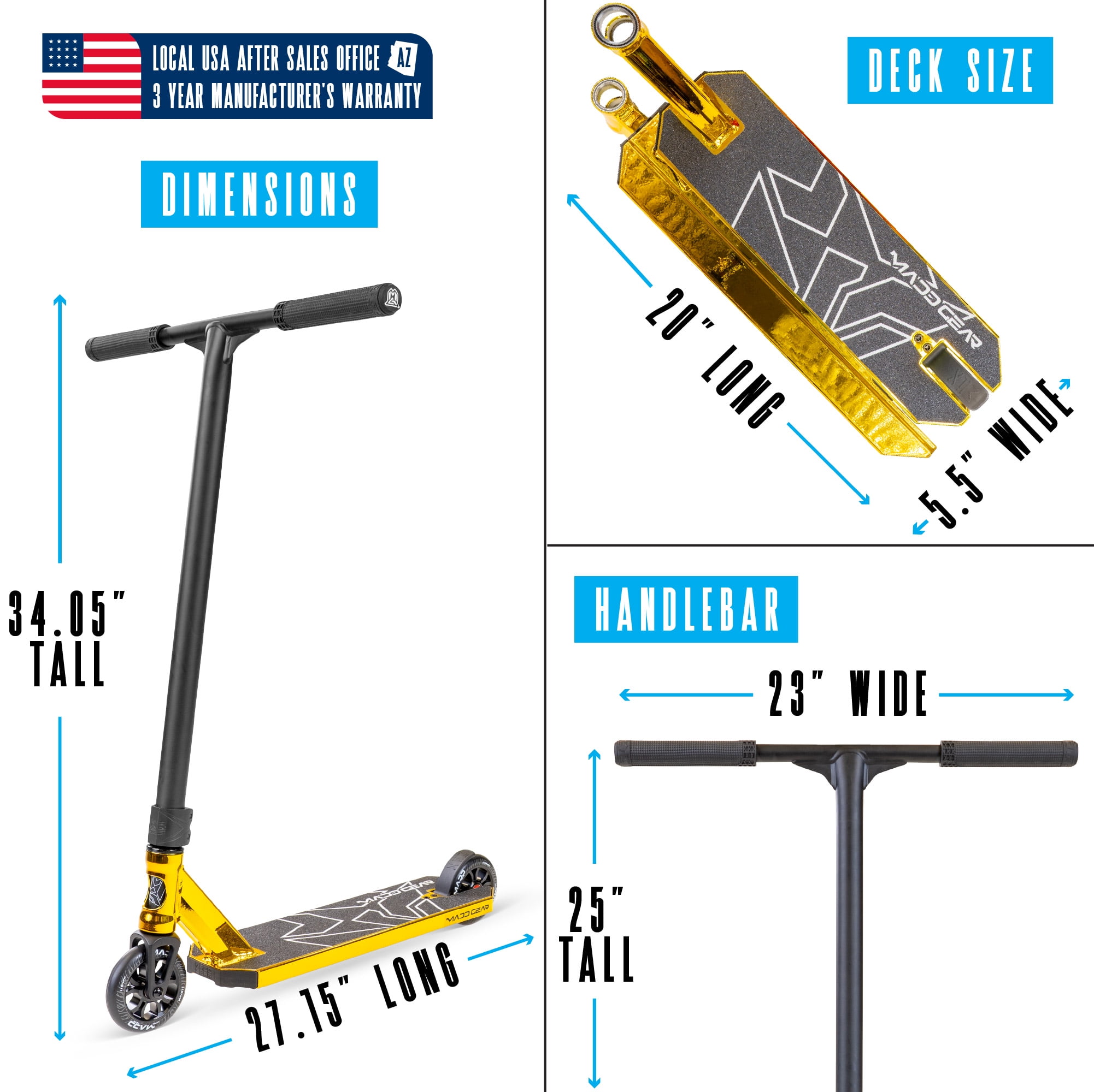 Pro Complete Stunt Scooter for Teens and Adults Ages 8 - 12 with Lightweight Durable Frame – Madd Gear MG6 - Gold