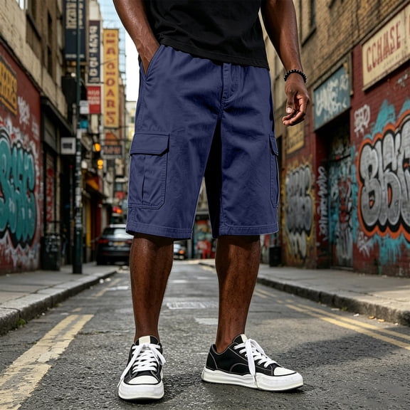 Dwellite Twill Cargo Shorts for Men Casual Classic Bermuda Shorts with Pockets Drawstring Comfort Big and Tall Pants 2026 Dark Blue 5XL