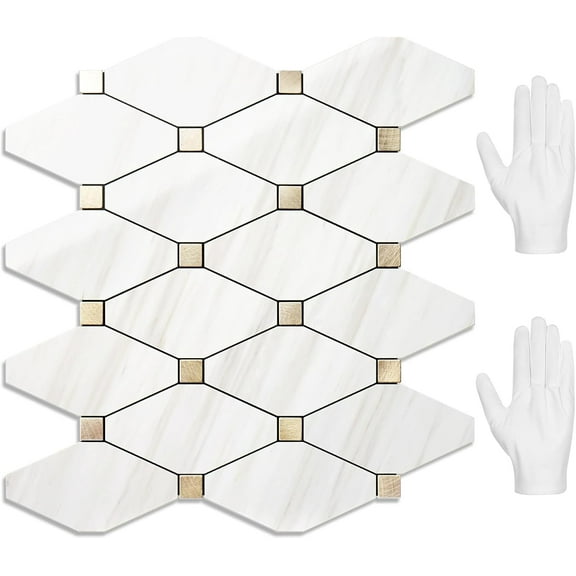 10 Sheets Peel and Stick Backsplash, Polished Dolomite PVC Mixed Metal Gold Kitchen Backsplash, Stick on Backsplash Wall Tiles for Kitchen, Bathroom, RV