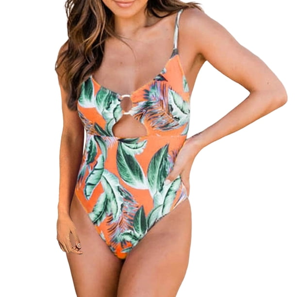 Gibobby Traje de baño completo mujer Traje de baño con estampado de selva tropical hueca con tirantes para mujer Traje de baño para mujer(Naranja,CH)
