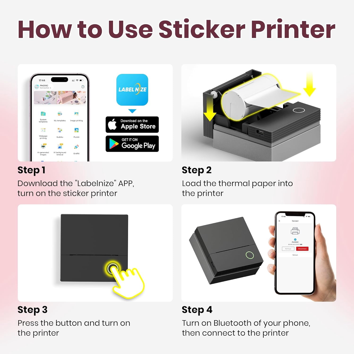 PM290C Portable Sticker Printer, inkless Bluetooth mini printer with 3 paper rolls. For notes, journaling, DIY. Ideal gift for school, office, Christmas. Black