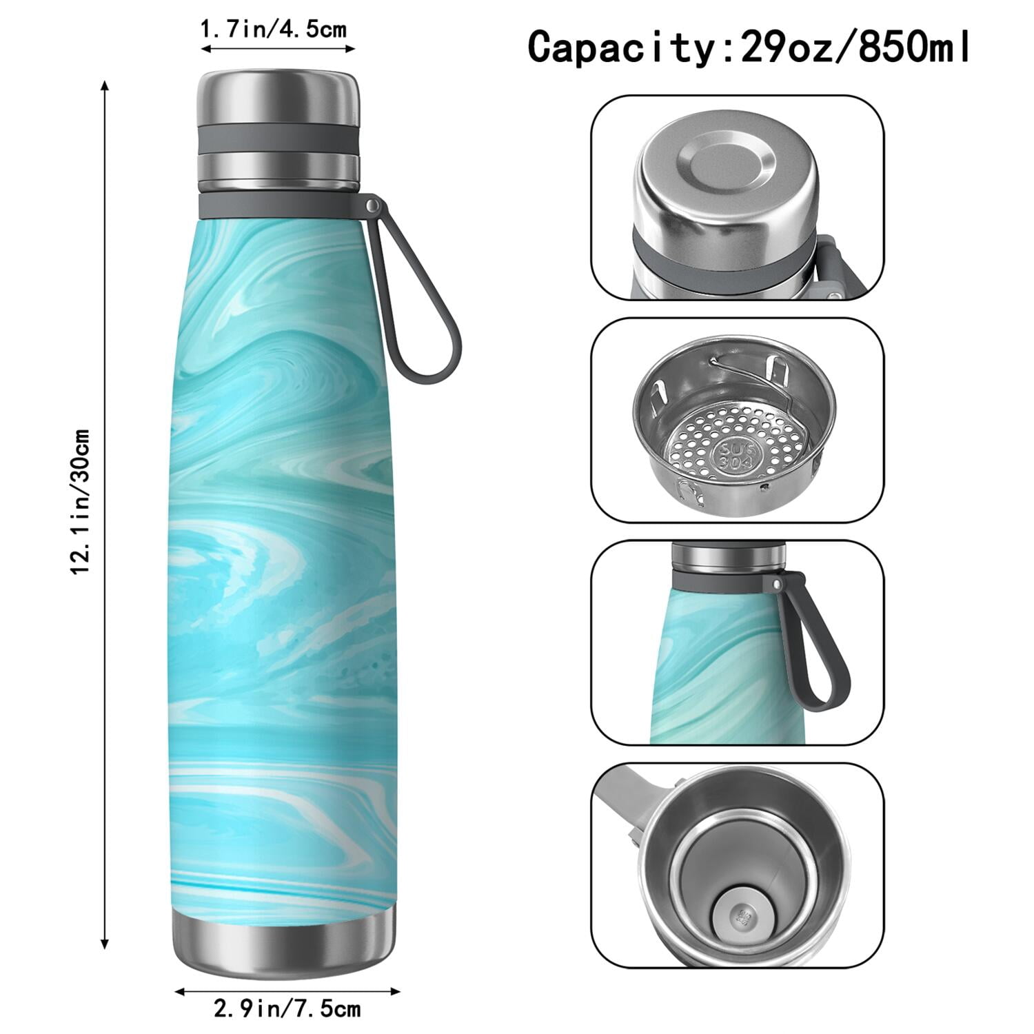 29oz Insulated Water Bottle with Tea Infuser, Stainless Steel Travel Mug, Liquid & Marble Print