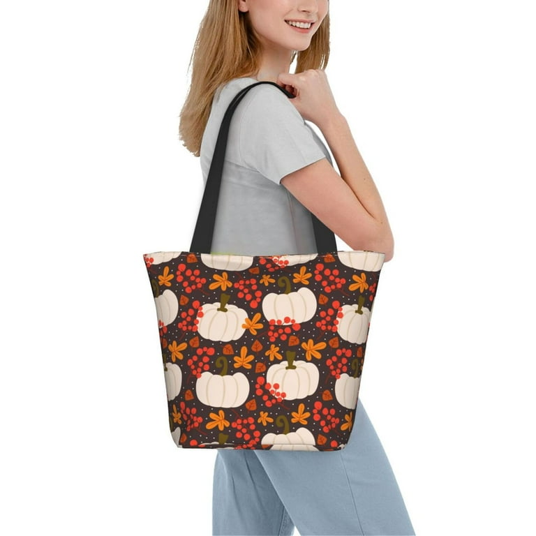 Goofa Autumn White Pumpkin Pattern Tote Bags,Large Capacity