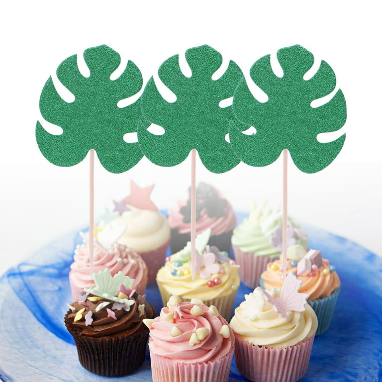 OUNONA 20pcs Monstera Leaf Cake Toppers Tropical Palm Leaves Cupcake Topper  Hawaiian Luau Party Decoration (Deep Green)