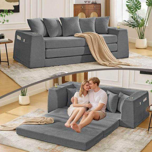 Folding Sofa Bed Full, 82.25" Foldable Boneless Sleeper Sofa, Comfy Corduroy Floor Futon Couch with Pull Out Bed, 2 Cup Holders, Storage Bag, 5 Pillows for Living Room, Lounge, Dark Gray