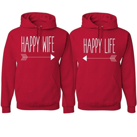 Wild Bobby  Happy Life Happy Wife Valentines Day Outfit His and Hers Matching Couples Hoodie Sweatshirts  Red  Mens M-Womens S