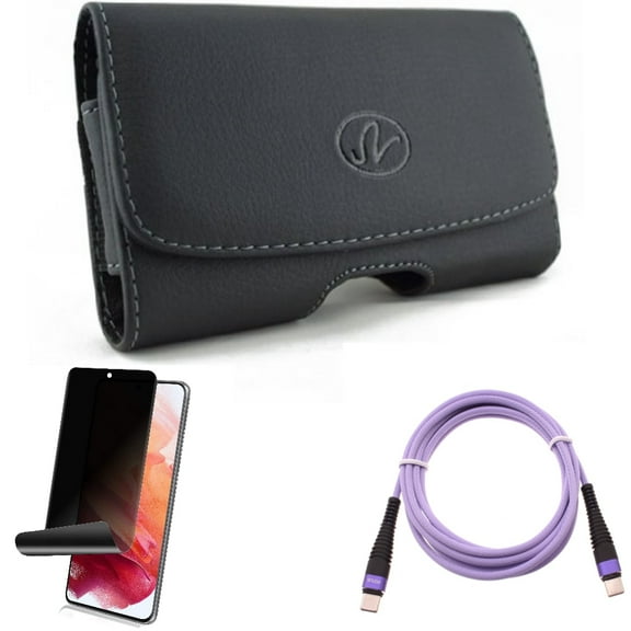 Purple 10ft PD Cable w Privacy Screen Protector w Case Belt Clip for Samsung Galaxy S21 Plus - Type-C to USB-C Fast Charger Cord, TPU Film Fingerprint Works, Leather Swivel Accessory Bundle