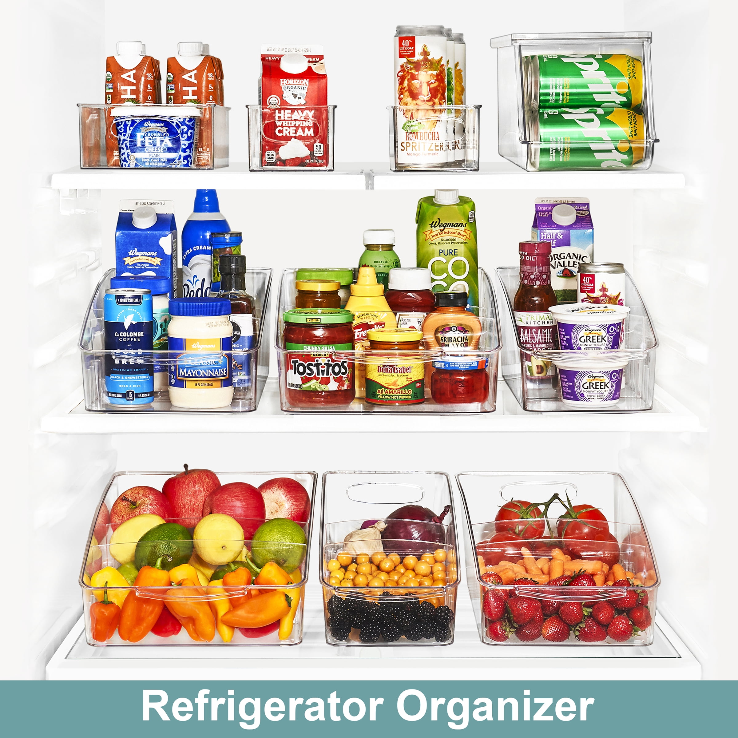 Sorbus Rolling Fridge Organizer Bins, Clear Refrigerator Storage with Dividers & Handles, 3 Pc Set
