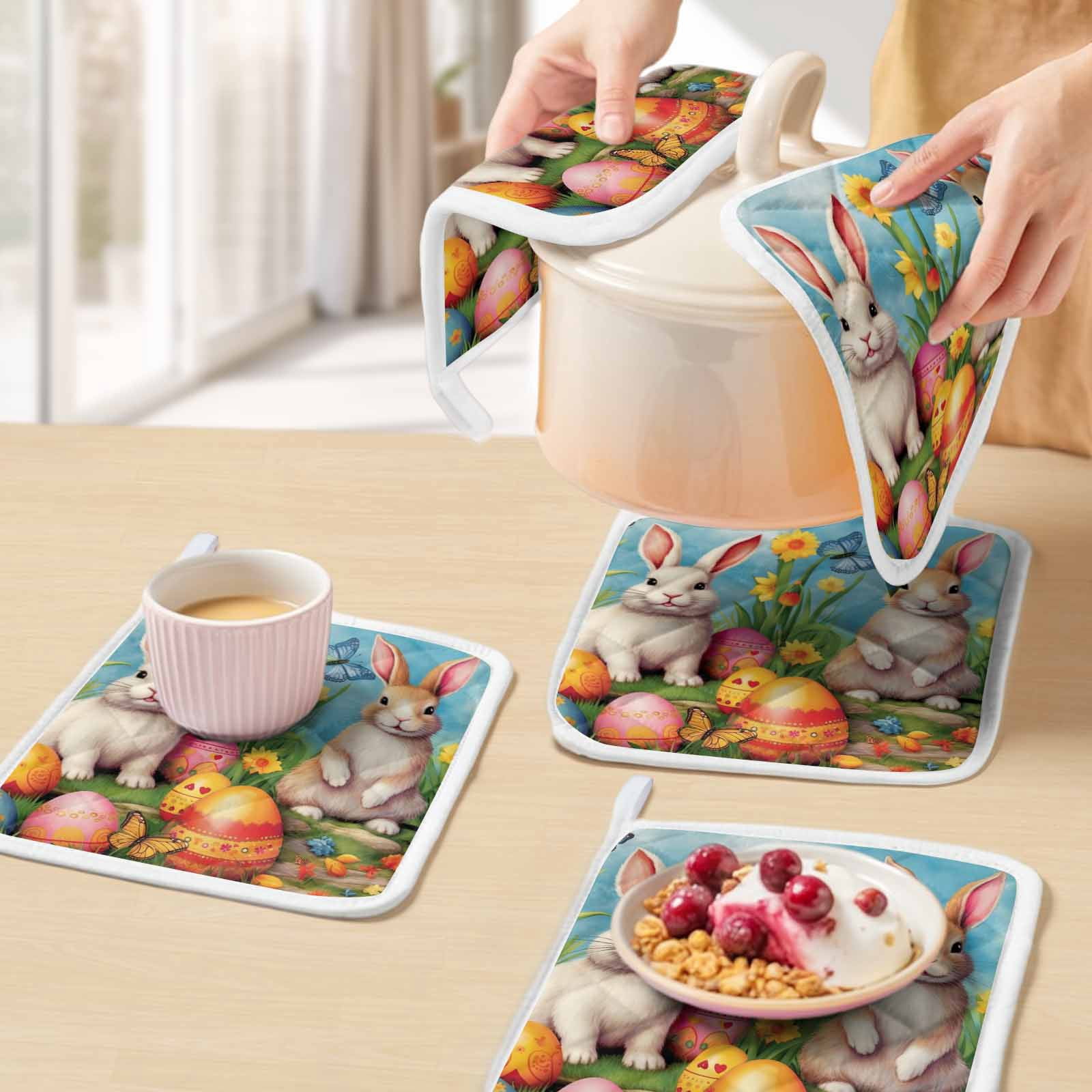 Easter Rabbits, Pot Holders for Kitchen Heatproof Potholder, 3 Pack Easter Bunny Egg Watercolor Floral Hot Pads Multipurpose Oven Pads Cloth Potholders Trivet for Cooking Baking