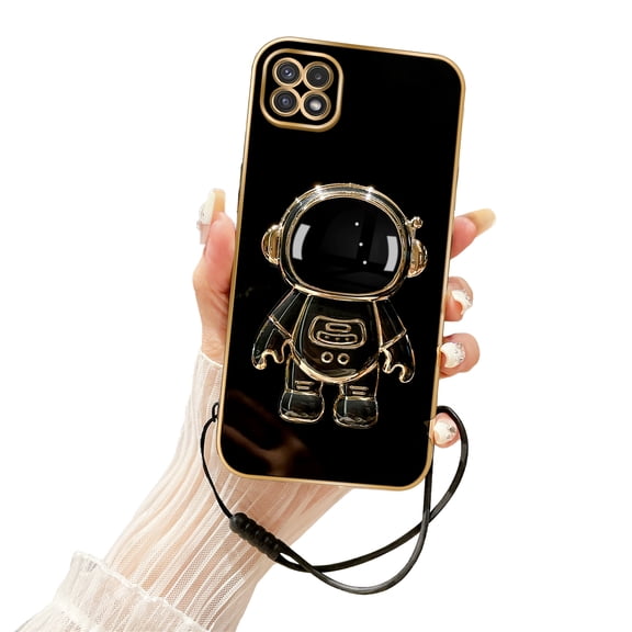Annyojo Case for Samsung Galaxy A22 5G Case [NOT for 4G] with 6D Plating Astronaut Hidden Stand and Lanyard Strap Soft Shockproof Protective Cover Luxury Phone Case for Galaxy A22 5G Case - Black