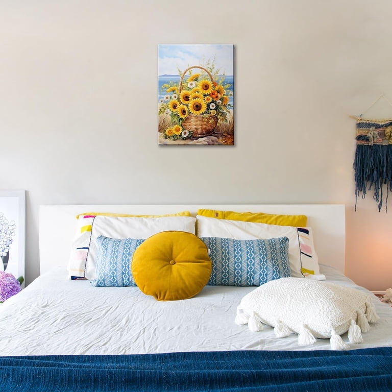 Sunflower Wall Decor Rustic Yellow Sunflower in Woven basket Beach