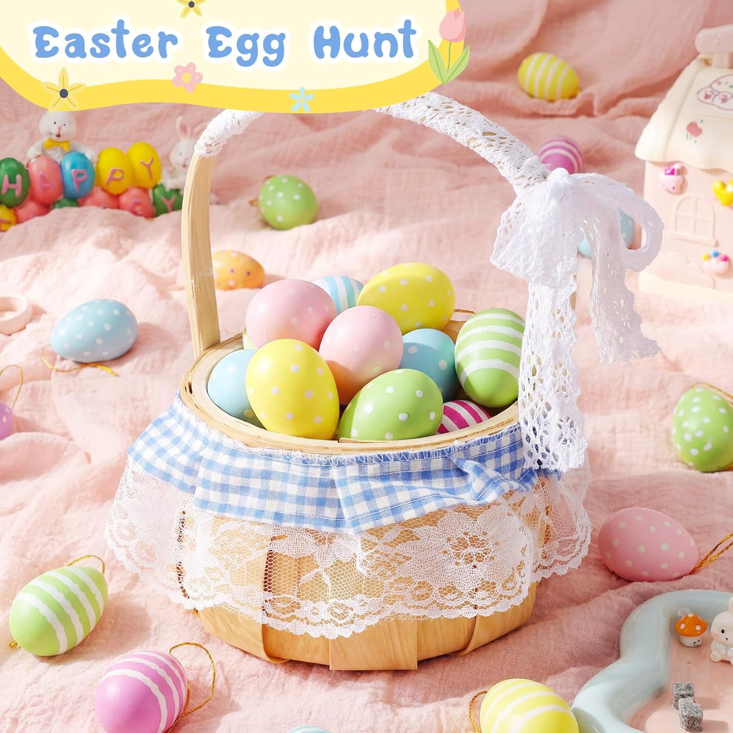 Easter Bunny Basket with Handle Small Rabbit Ears Picnic Basket Empty for Easter Eggs Hunt, Candy Storage, Outdoor Camping, Birthday, Halloween Costume(Blue and White,Round Style)
