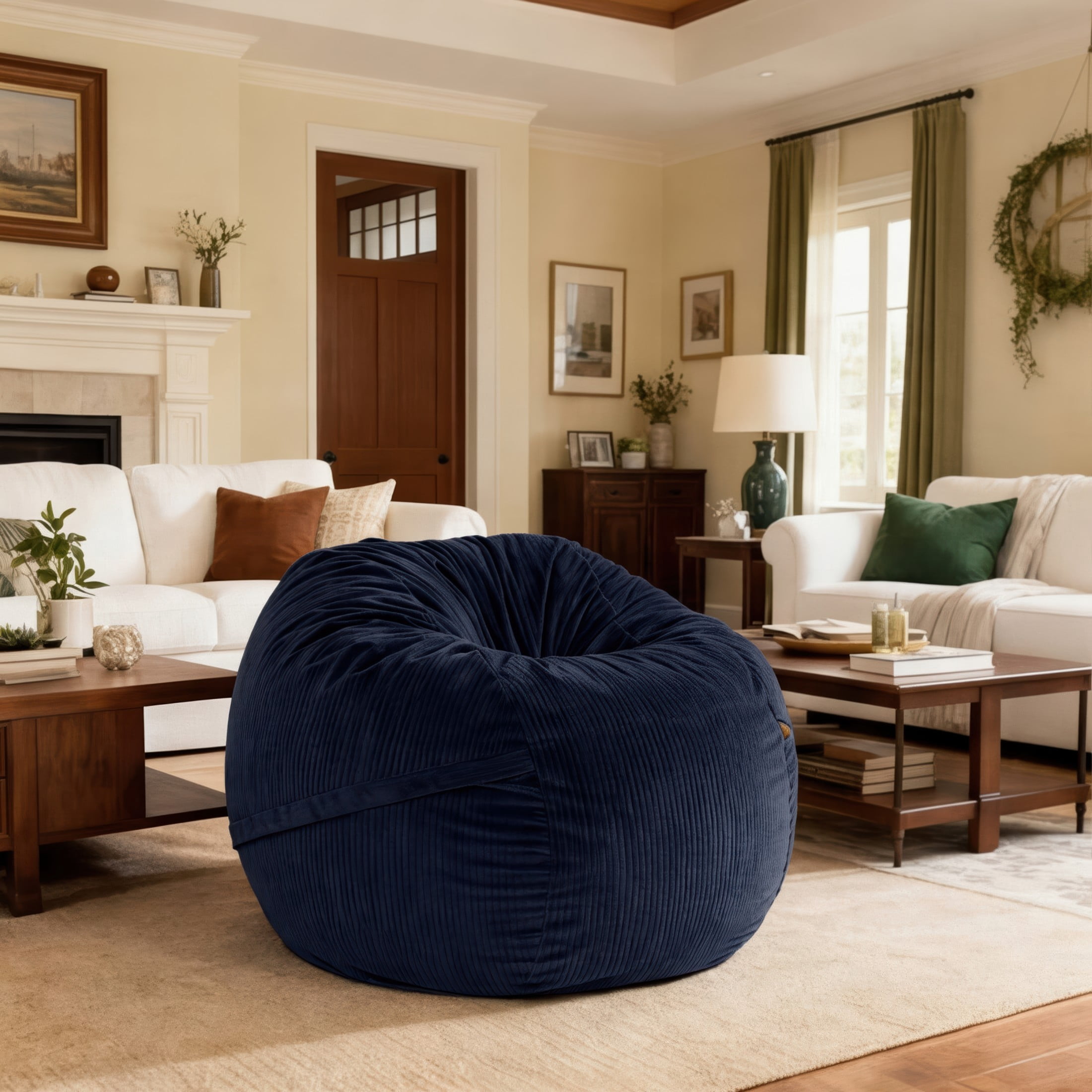 Luna 5 Foot X-Large Bean Bag Chair – Oversized Foam Lounger for Adults & Kids, Plush Corded Faux Fur, Navy Blue