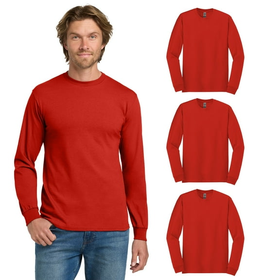 Gildan Men’s Long Sleeve Crewneck T-Shirt, Heavy Cotton, Classic, Solid Bulk Tee, Red, 3-Pack, S