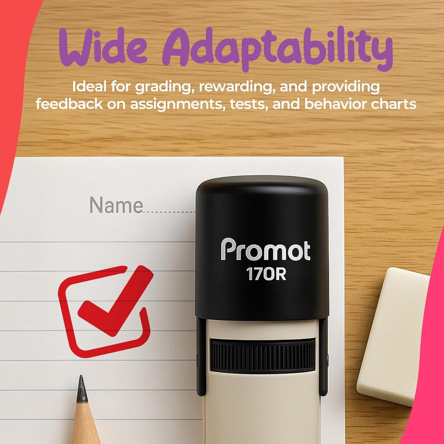 Promot Self-Inking Stamp for Teacher - Round Stamp for Grading & Feedback (Check Box)