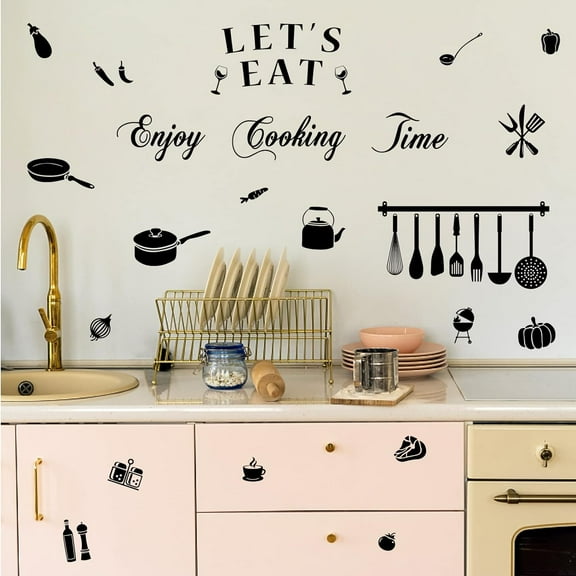 Kitchen Quotes Wall Decal Dining Room Decor Stickers Let's Eat Vinyl Wall Decal with Kitchenware Vegetable Food Decals