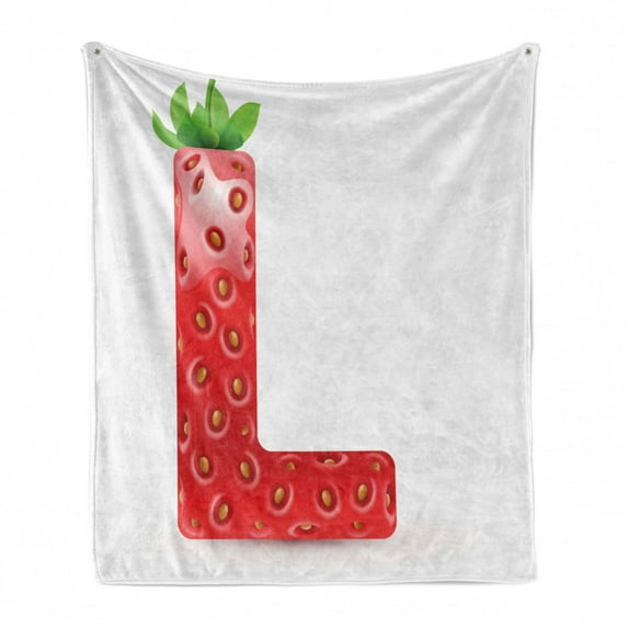 Letter L Soft Flannel Fleece Throw Blanket, Juicy Ripe Strawberry in Shape of Letter L Boys Girls Kids Design, Cozy Plush for Indoor and Outdoor Use, 50" x 60", Vermilion Green Orange, by Ambesonne