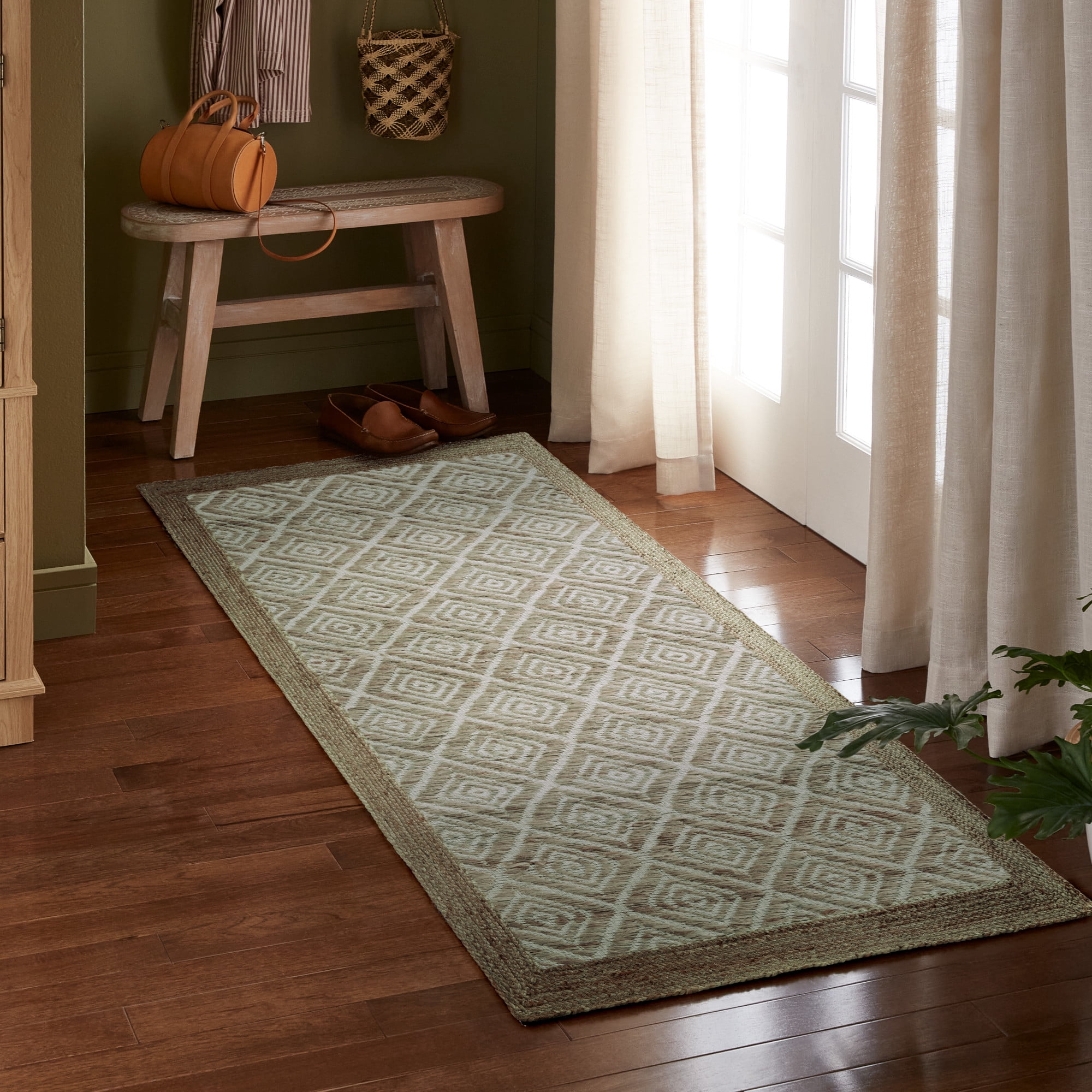 TOWN & COUNTRY TERRA Nalani Textured Diamond Hand-Knotted Flatwoven 100% Natural Jute Runner Area Rug, Olive Green, 2'5"x7"