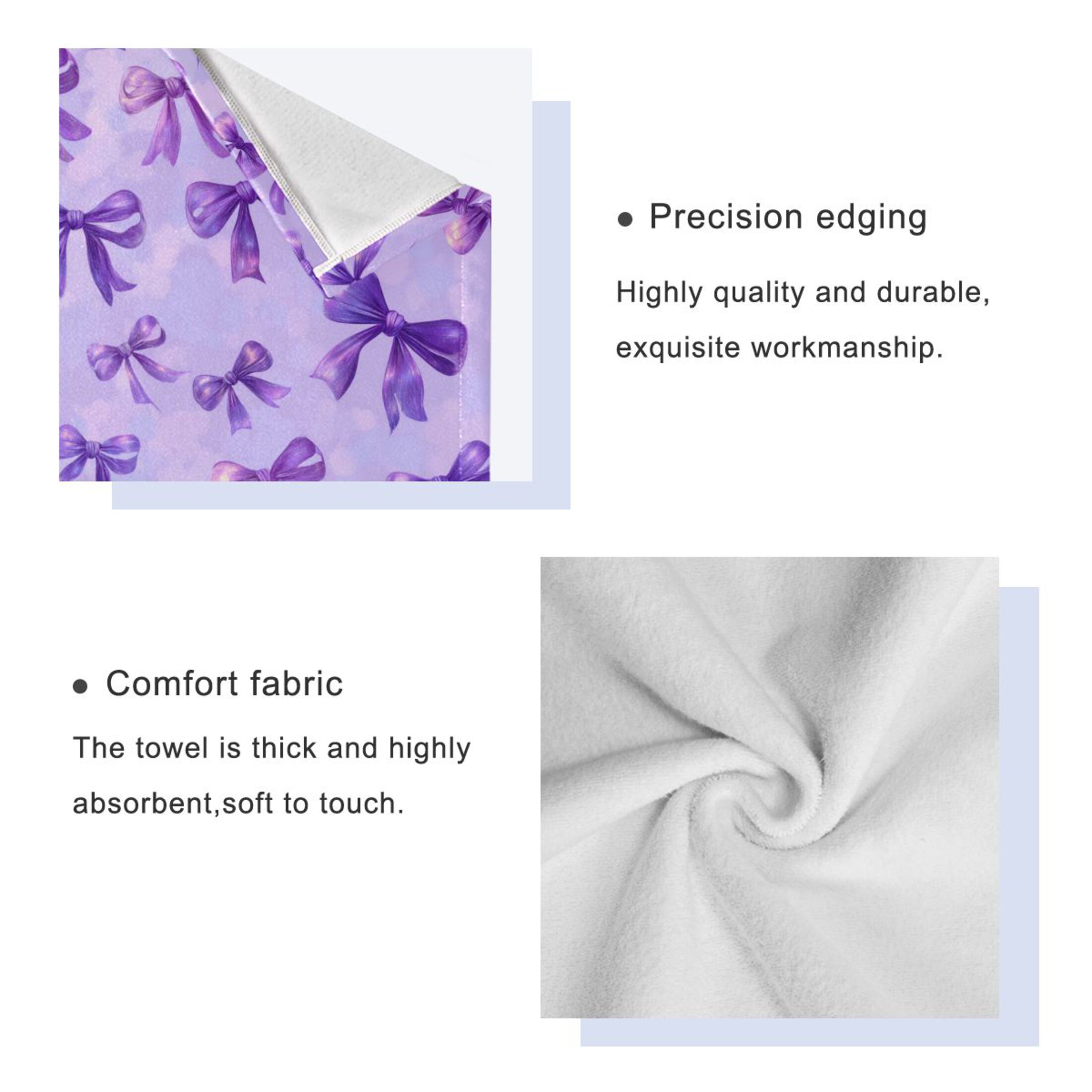 3 Sizes of Towel Sets Including Bath Towel Hand Towel and Washcloth for Daily Use Vibrant Purple Bows Pattern