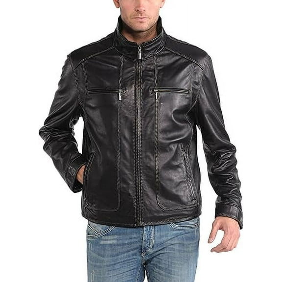 Mens Sheepskin Real Leather Jacket Zipper Biker Moto Slim Fit Jacket MJF004