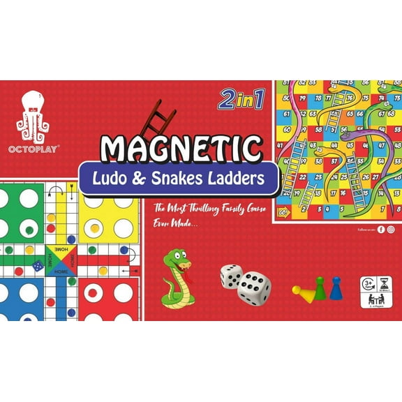 Magnetic Ludo & Snakes & Ladders | Two Traditional Games Featuring A Double-Sided Playing Board | Dice & Coins