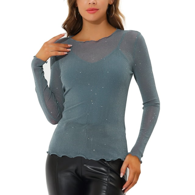 INSPIRE CHIC Blouse en Maille Pailletée Transparente pour Femmes avec Camisole à Bretelles Spaghetti TP Gris Bleu