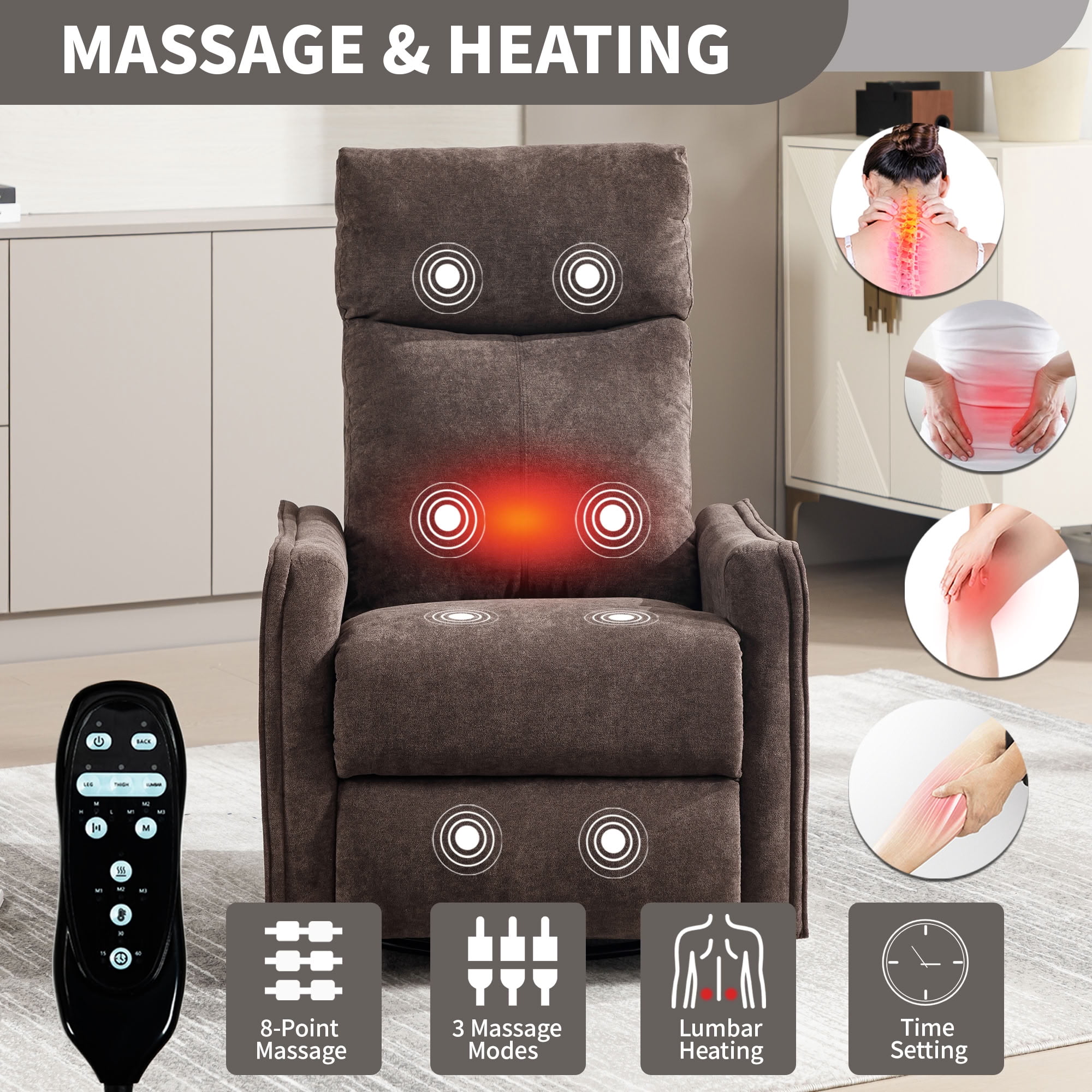 MAYEERTY 360 Degree Swivel Rocker Recliner Chair, Manual Recline Glider Chair with 8 Vibration Massage Nodes & Lumbar Heating, for Living Room Nursery