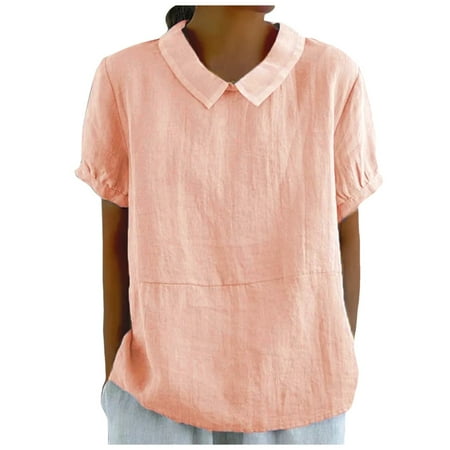 Women Summer Tops Women s Retro Fashion Solid Color Loose Casual Turndown Neck Shirt Short Sleeved T Shirt Tops Womens Short Sleeve Casual Long Sleeve Athletic for Women Thermal Long Running Pink L