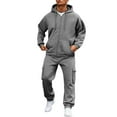 thumbnail image 2 of Men's Winter 2-Piece Outdoor Tracksuit, Fleece-Lined Solid Color Hooded Sweatshirt Jacket and Elastic Waist Cargo Joggers, For Casual Adventures,Gray,L, 2 of 9