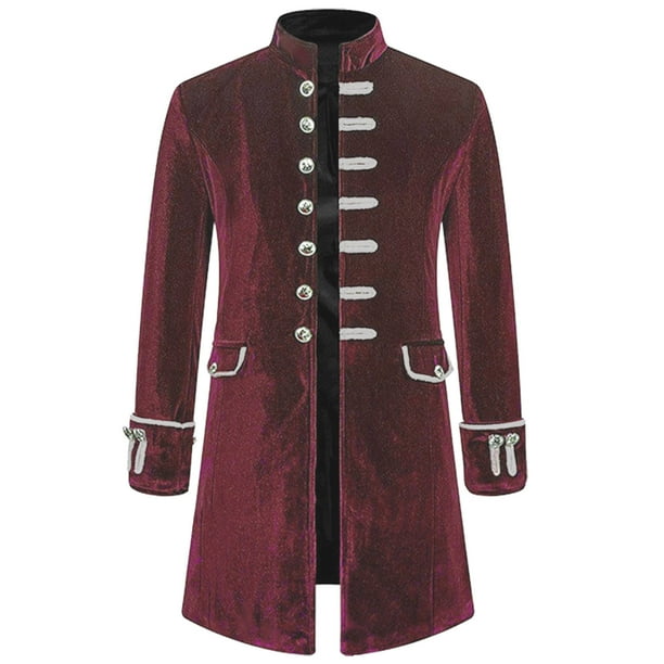 Hombres Sólido Manga Larga Steampunk Vintage Terciopelo Uniforme Stand Collar Cardigan Chaqueta Pompotops oipoqjl37236